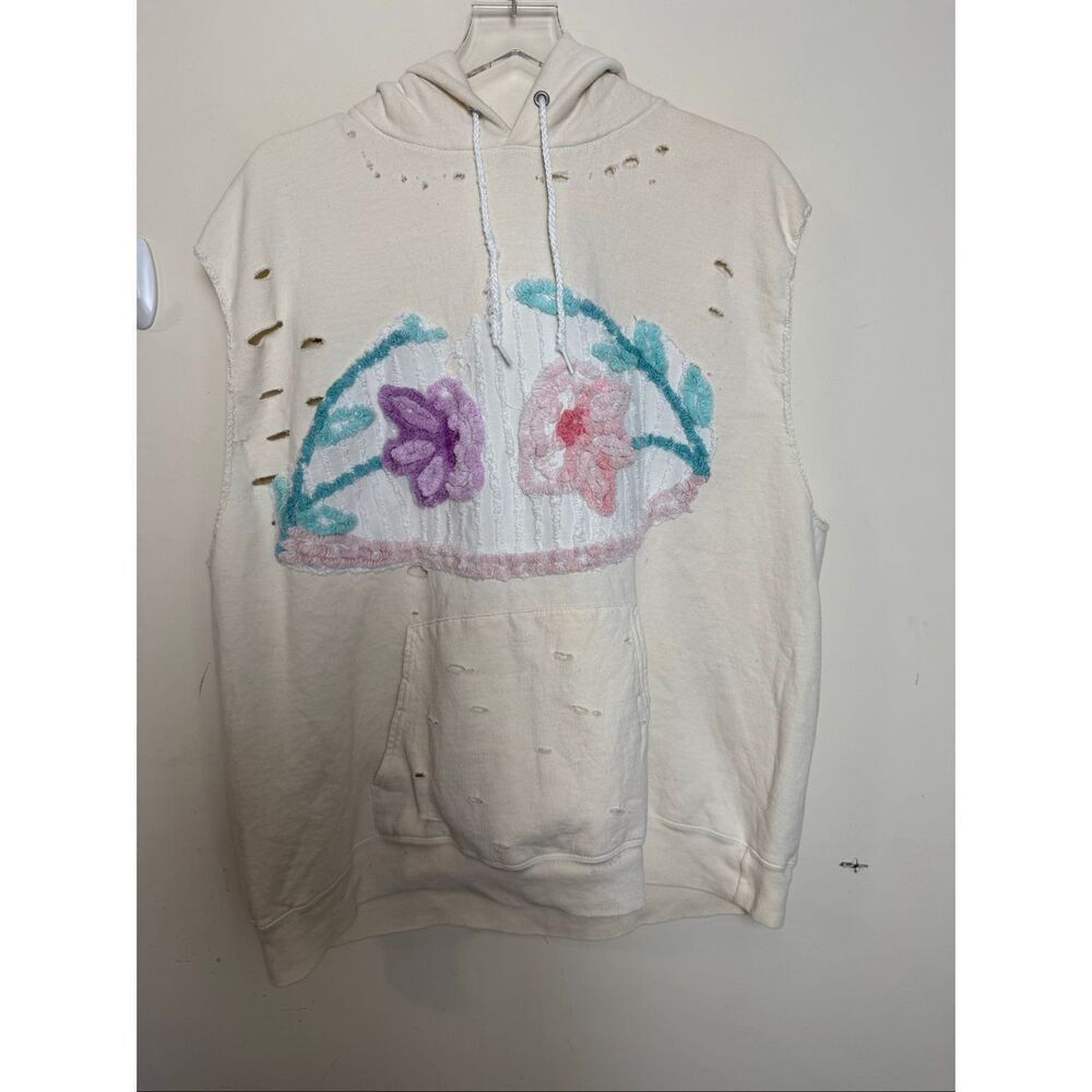 Free People x Tricia Fix Chenille Distressed Vintage Floral Hoodie Vest XL